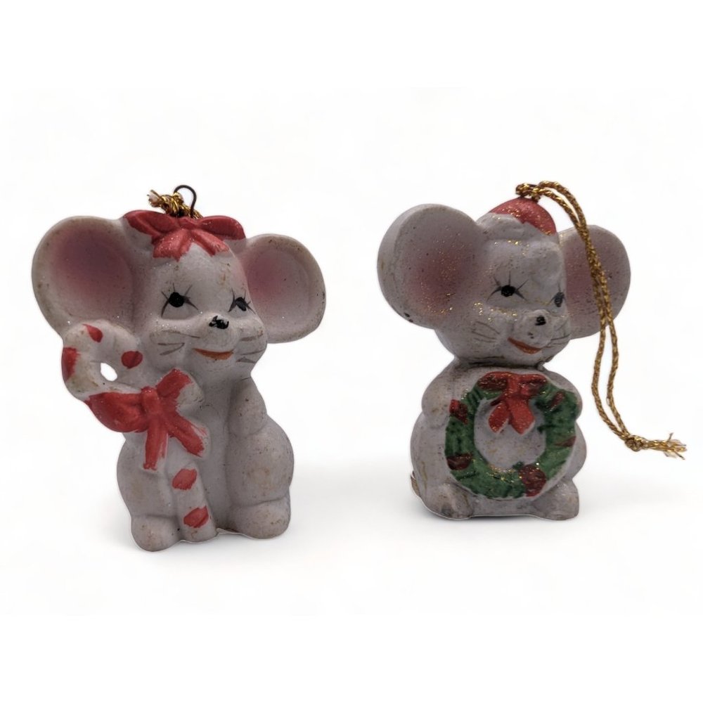 Vintage Around the World porcelain Bisque Christmas Mice Ornaments set of 2 - Picture 7 of 9